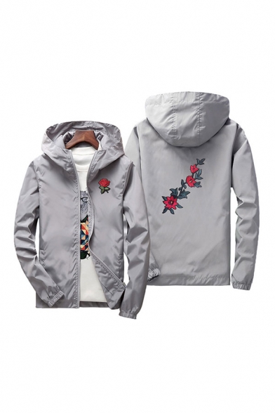 Retro Mens Jacket Rose Embroidery Bungee-Style Hem Zipper up Long 
