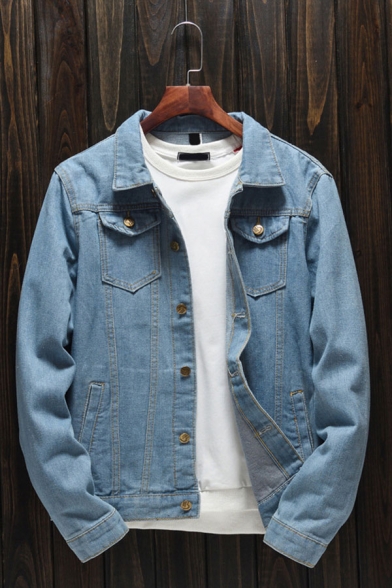 Stylish Jacket Pockets Contrast Stitching Acid Wash Spread Collar Button Fly Regular Fit Long-sleeved Denim Jacket for Men