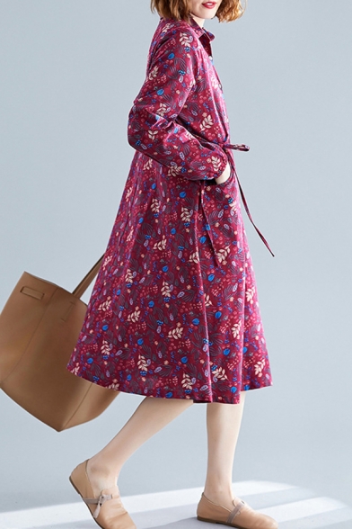 Trendy All Over Flower Printed Long Sleeve Spread Collar Button Up Bow Tied Waist Mid Swing Shirt Dress