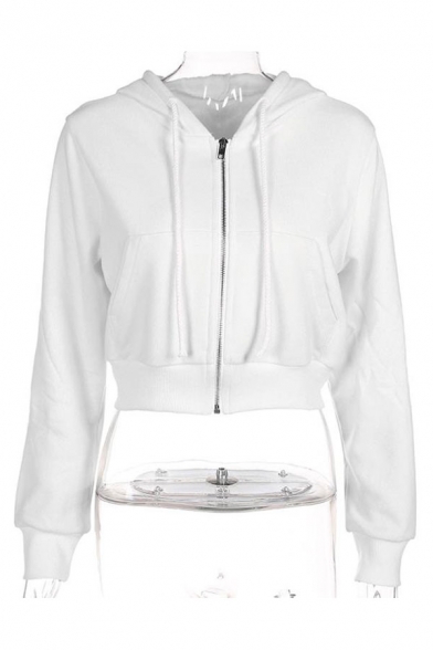 Trendy Long Sleeves Zip Up Ripped Drawstring Hoodie with Pockets