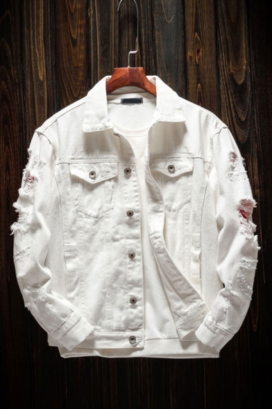 Trendy Men's Jacket Solid Color Frayed Long Sleeves Button Closure Pocket Spread Collar Fitted Denim Jacket in White