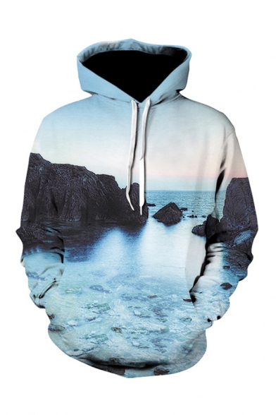 Unique 3D Hoodie Landscape Sea Sky Rock Pattern Drawstring Pocket Regular Fitted Long-sleeved Hooded Sweatshirt for Men