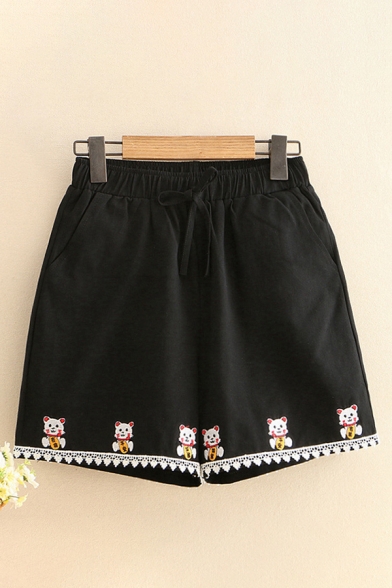 Unique Shorts Cat Embroidery Lace Pocket Drawstring High Rise Loose Fitted Shorts for Women