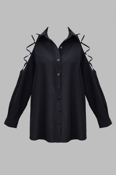 Unique Womens Shirt Plain Cold Shoulder Button up Turn-down Collar Long Sleeve Regular Fit Shirt in Black