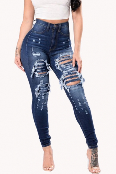Women's Fancy Jeans Distressed High-rise Pockets Full Length Zip Fly Dark Wash Skinny Jeans