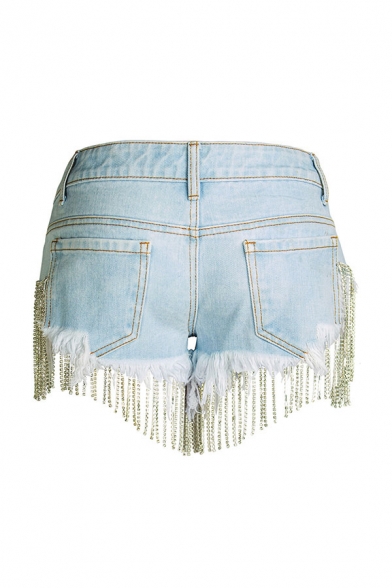 Womens Blue Shorts Chic Light Wash Rhinestone Chain Fringe Frayed Cuffs Low Rise Zipper Fly Regular Fitted Denim Shorts