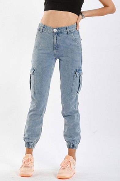 Womens Jeans Blue Fashionable Flap Pockets Cuffed Zipper Fly Ankle Length Regular Fit Tapered Jeans with Washing Effect