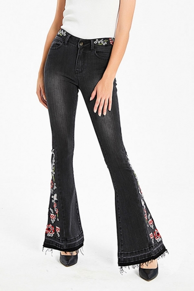 Womens Jeans Stylish Medium Wash Flower Embroidery Frayed Cuffs Zipper Fly Full Length Regular Fit Flare Jeans