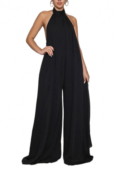 Womens Jumpsuits Casual Solid Color Chiffon Sleeveless Backless Loose Fitted Halter Neck Jumpsuits