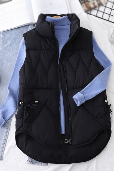 Womens Popular Solid Color Quilted Sleeveless Stand Collar Zip Up Curved Hem Relaxed Vest