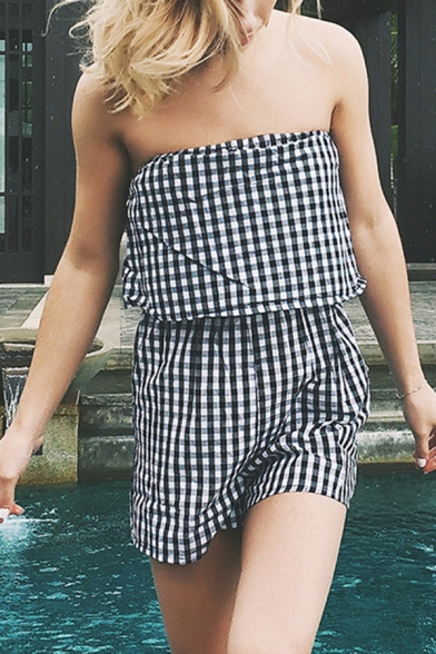 Womens Rompers Fashionable Gingham Pattern Strapless Regular Fitted Rompers