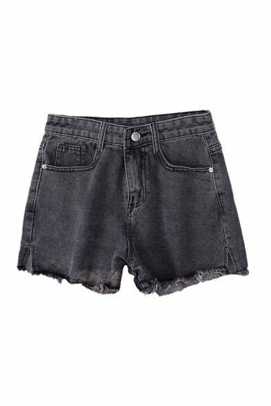 Womens Shorts Fashionable Frayed Split Hem Zipper Fly Regular Fitted Denim Shorts with Washing Effect