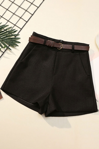Womens Shorts Fashionable Woolen Cloth Zipper Fly High Rise Regular Fitted Wide Leg Relaxed Shorts with Belt