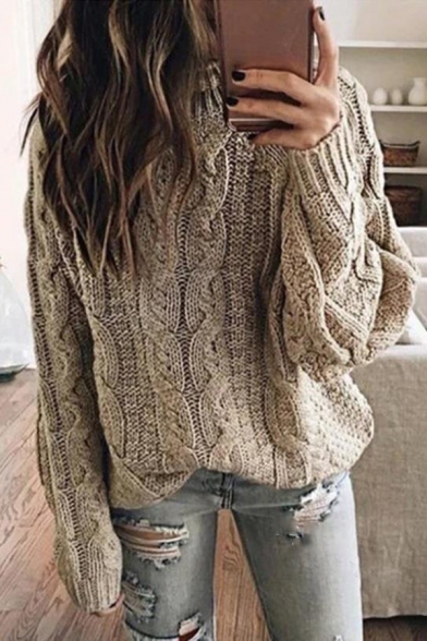 Womens Unique Plain Khaki High Collar Cable Knit Loose Sweater