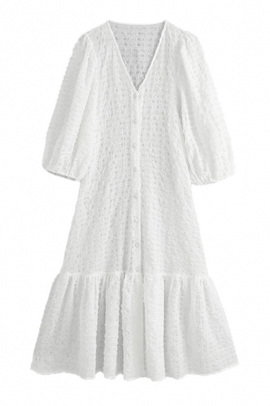 Womens White Solid Color Pleated Ruffle Hem Button Up V-neck 3/4 Puff Sleeve Long Drop Waist Boutique Dress