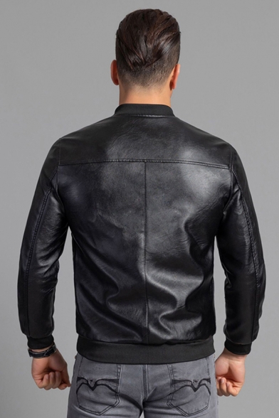 Basic Mens Jacket Pockets PU Panel Zipper Detail Stand Collar Slim Fitted Long Sleeve Leather Jacket