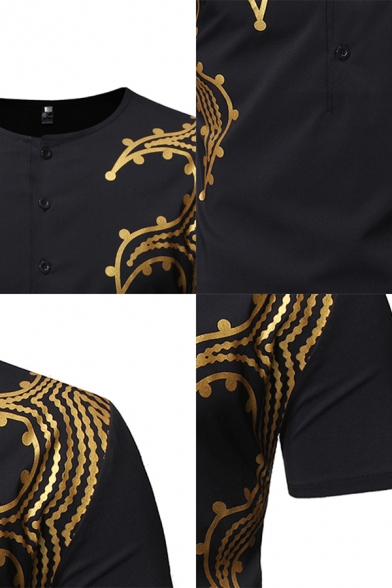 Basic Mens T-Shirt Gilding Abstract Pattern Slim Fitted Henley Neck Short Sleeve T-Shirt