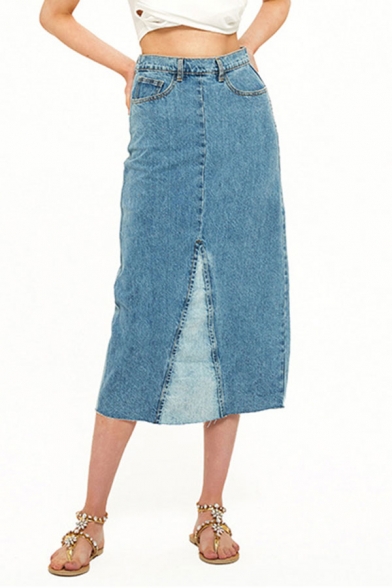 Basic Womens Blue Skirt Color Block Paneled Raw Frayed Hem High Waist Zipper Slit Back Midi Denim Skirt