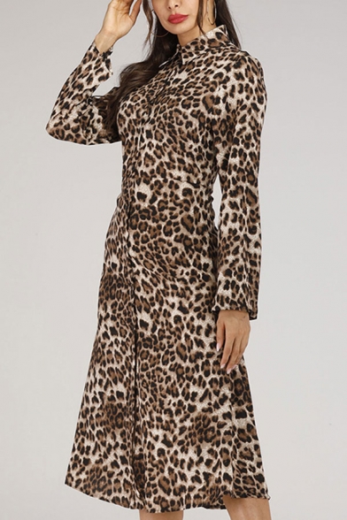 Camel Novelty Leopard Printed Slit Front Button up Turn-down Collar Long Sleeve Midi A-Line Dress for Women
