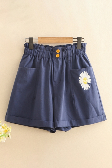 Casual Shorts Floral Embroidery Button Pocket Paperbag Waist Elastic High Rise Oversize Shorts for Women
