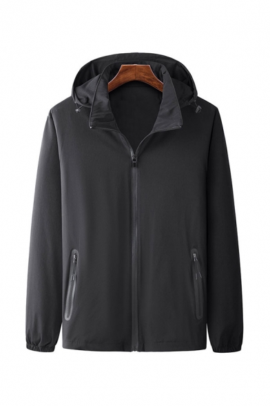 Chic Jacket Plain Hooded Long-sleeved Drawstring Elastic Cuff Zip Closure Regular Fitted Windbreaker Jacket for Men