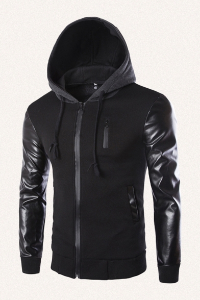 Chic Mens Jacket Patchwork Drawstring Zipper Detail Slim Fitted Long Sleeve Hooded Leather Jacket