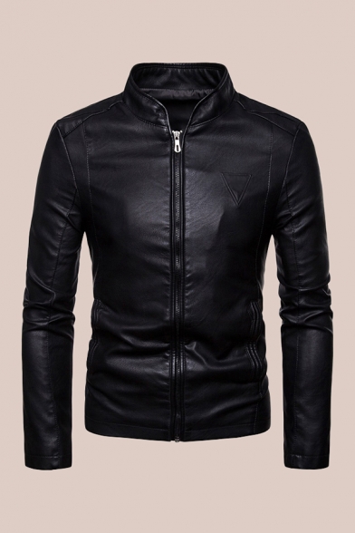 Chic Mens Jacket Triangle Letter Pattern Zipper Detail Mock Neck Slim Fitted Long Sleeve Leather Jacket
