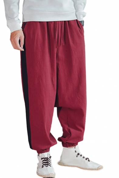 Chinese Style Patterned Drawstring Waist Contrasted Ankle Length Cuffed Oversize Pants for Men