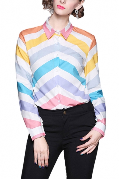 Colorful Fashion Womens Chevron Printed Button Up Turn-down Collar Long Sleeve Regular Fit Shirt