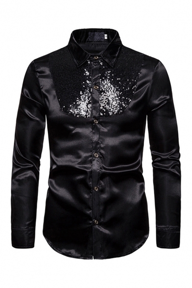 Cool Mens Shirt Sequin Decoration Silk Satin Curved Hem Button-down Long Sleeve Spread Collar Slim Fitted Shirt