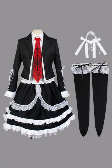 Cosplay Girls Lace-up Stringy Selvedge Long Sleeve Notched Collar Blazer Tiered Shirt Dress Tie Socks Set in Black