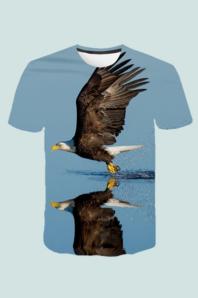 Cozy Mens 3D Tee Top Animal Eagle Water Reflection Light Snow Branches Pattern Short Sleeve Crew Neck Fitted Top Tee