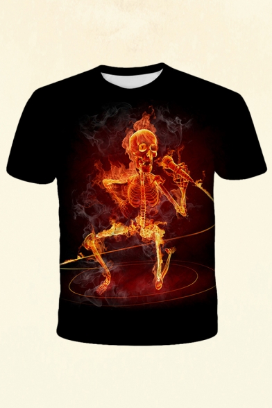 Creative Mens T-Shirt Skull Fire Microphone 3D Pattern Round Neck Short Sleeve Fitted T-Shirt