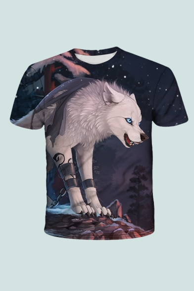 Dressy Mens T-Shirt 3D Wolf Chain Pattern Short Sleeve Round Neck Regular Fit T-Shirt