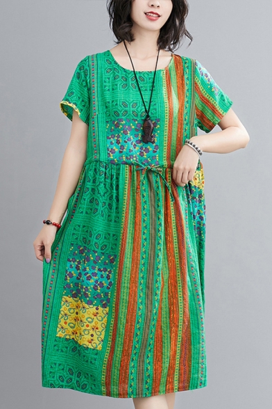 Ethnic Ladies Floral Printed Short Sleeve Round Neck Linen and Cotton Drawstring Waist Mid Oversize Dress