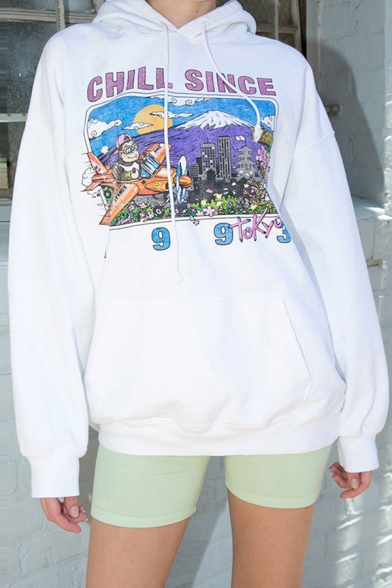 Fancy Letter CHILL SINCE Printed Long Sleeve Oversized White Graphic Hoodie