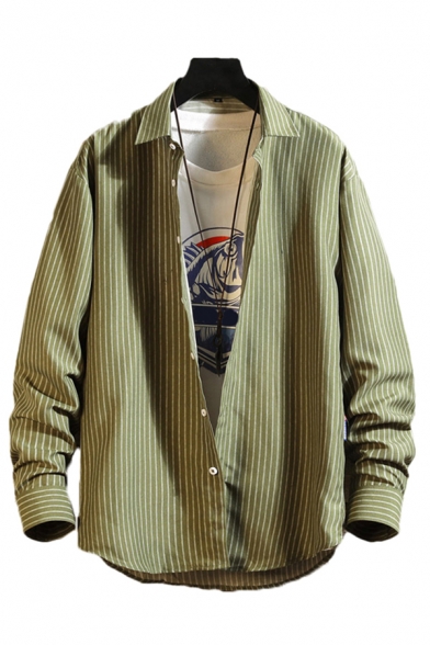 Fancy Mens Shirt Striped Pattern Button up Long Sleeve Button Spread Collar Regular Fit Shirt