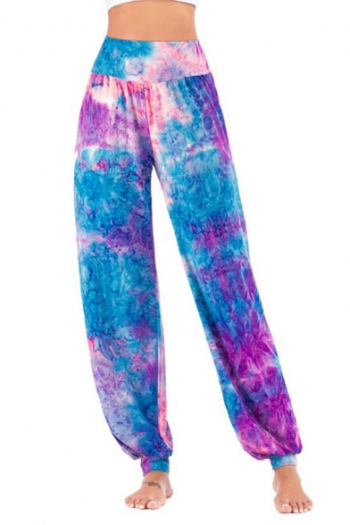 Fashion Womens Trousers Tie Dye Multicolored Pattern Elastic Waist Full Length High Rise Gathered Cuff Relaxed Fit Trousers
