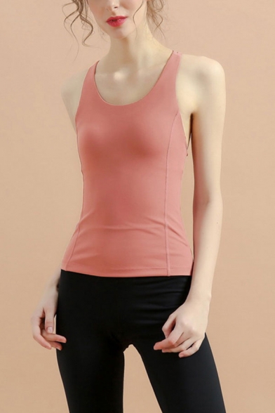 Hot Girls Solid Color Sleeveless Scoop Neck Hollow Out Back Slim Fitted Fitness Tank Top