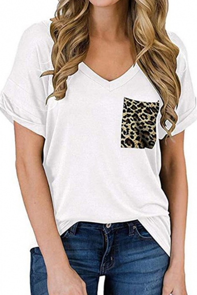 Zimaes Women Leopard Patched Round Neck Big Pockets Long Sleeve Tee Shirt