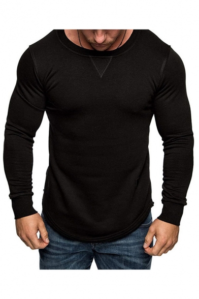 Men's Trendy T-Shirt Plain Crew Neck Patched Detail Contrast Trim Long-sleeved Curved Hem Slim T-Shirt