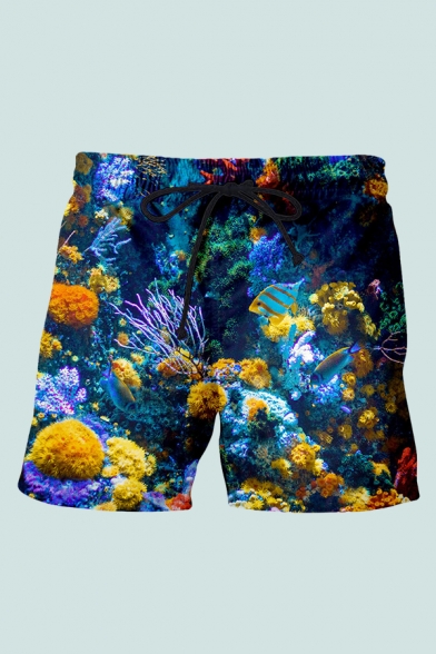 Mens 3D Chic Shorts Animal Fish Colorful Coral Pattern Pocket Drawstring Mid Waist Mid Thigh Regular Fitted Relax Shorts