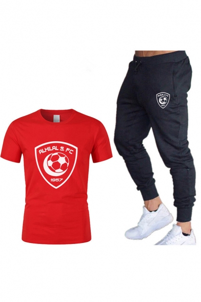 Mens Fashion Clover Logo Printed Casual T-Shirt with Joggers Sweatpants Two-Piece Set
