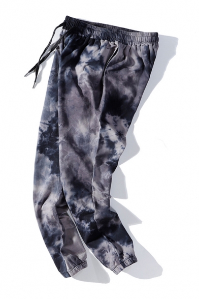 Mens Pants Simple Tie Dye Pockets Drawstring Cuffed Loose Fitted 7/8 Length Tapered Jogger Pants