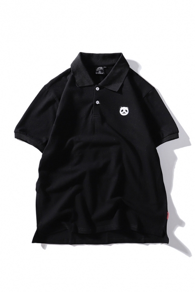 Mens Polo Shirt Creative Panda Embroidery Side Split Button Detail Short Sleeve Turn-down Collar Relaxed Fit Polo Shirt