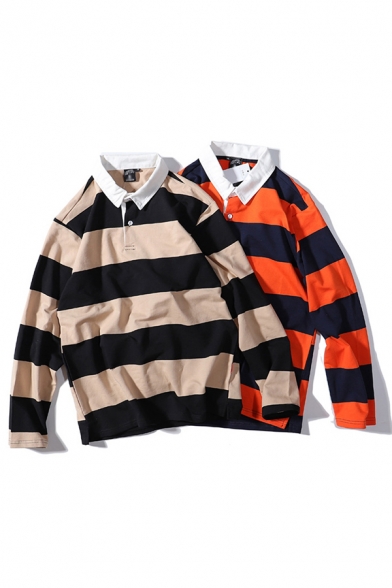Mens Polo Shirt Fashionable Wide Striped Pattern Side Split Button Detail Point Collar Loose Fit Long Sleeve Polo Shirt