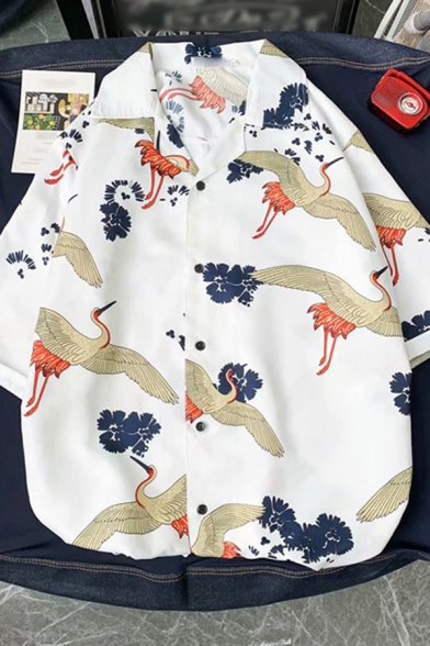 Mens Shirt Simple Crane Flower Printed Button up Notch Collar Half Sleeve Relaxed Fit Shirt