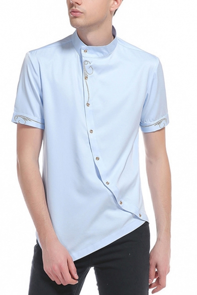 Mens Shirt Trendy Decorative Swirl Embroidery Oblique Button Asymmetric Hem Stand Collar Regular Fit Short Sleeve Shirt