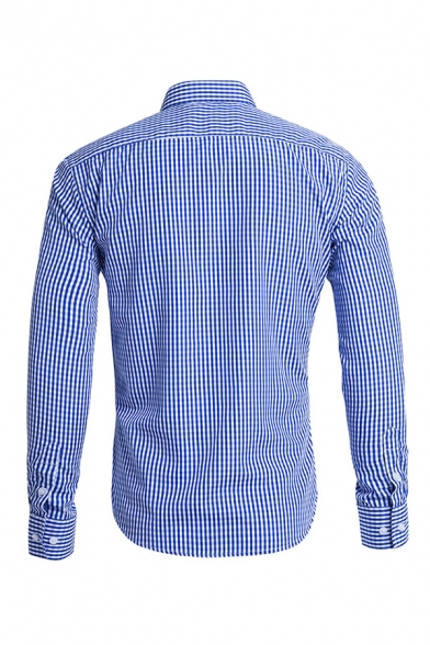 Mens Shirt Unique Gingham Printed Button-down Long Sleeve Turn-down Collar Slim Fitted Shirt