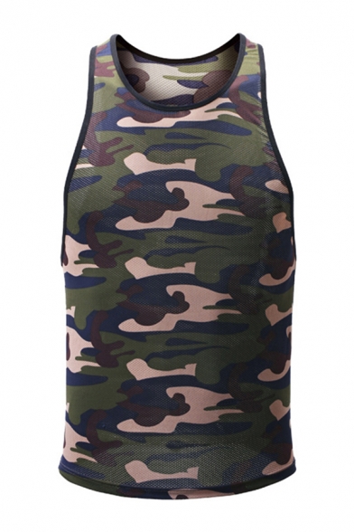 Mens Tank Top Chic Camouflage Breathable Mesh Slim Fitted Sleeveless Crew Neck Tank Top